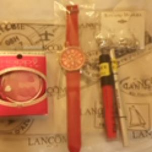 Blush,watch, lipstick,brow pencil, earrings, cosme